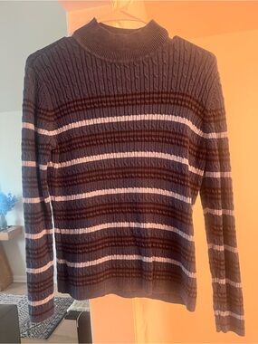 Classic Elements Navy & White Striped Cable Turtleneck Sweater